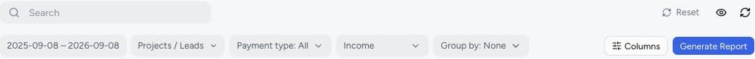 The Payments report filter toolbar.