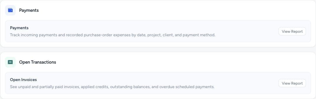 Reports separates received and outgoing payments from open invoice balances.