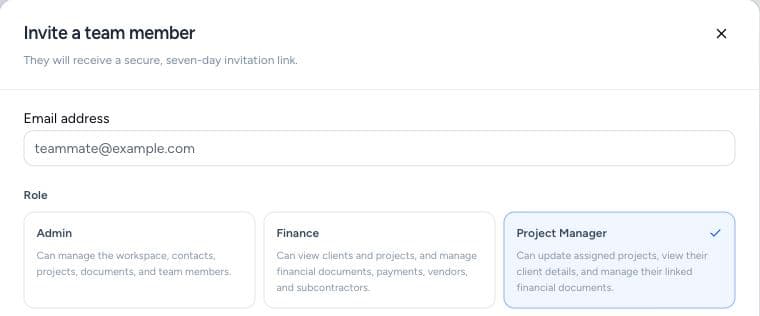 The top of the team invitation form. Project selections appear below the role choices.